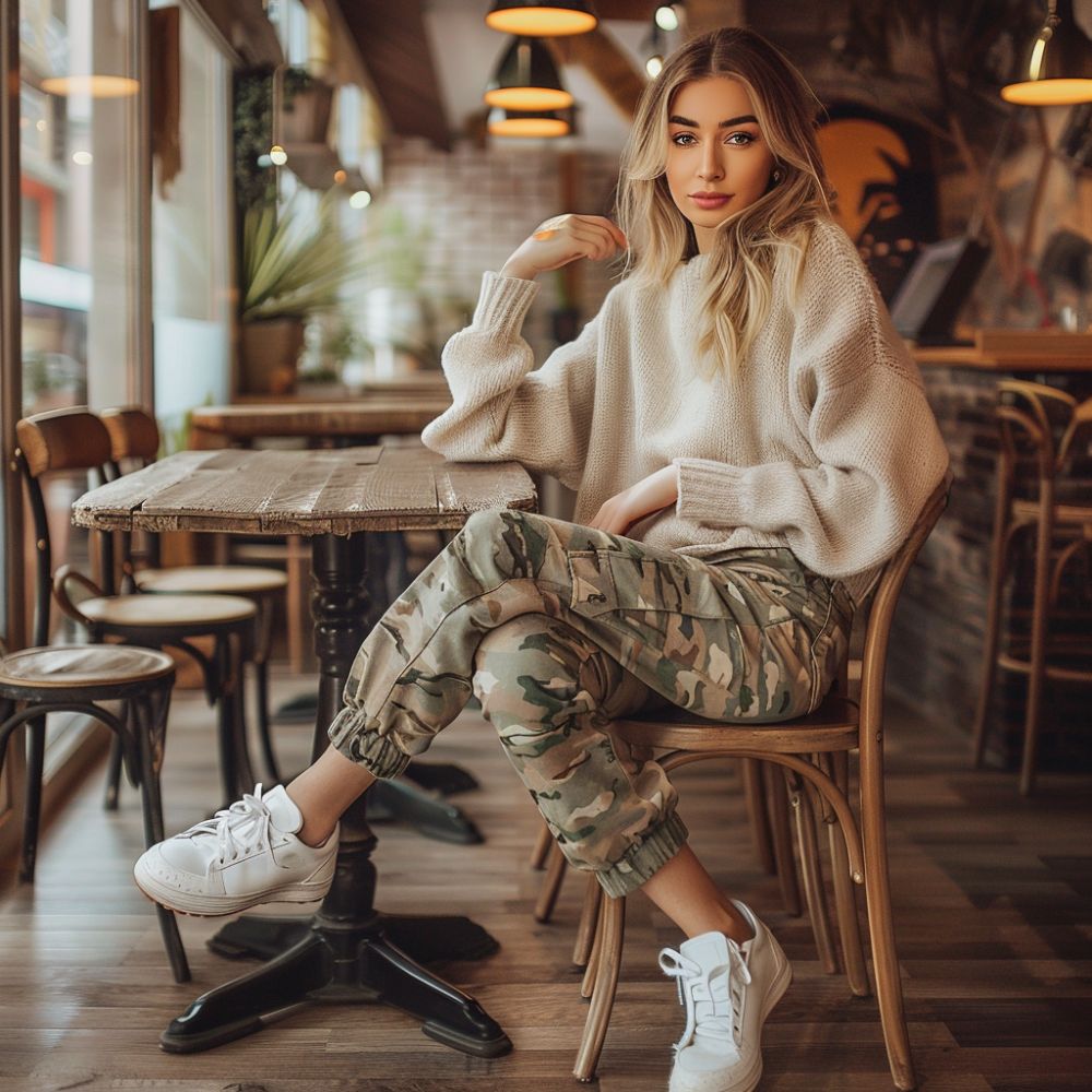 Fashion-forward woman in an oversized knit sweater and camo cargo pants seated in a chic cafe, pairing her relaxed military-inspired trousers with classic white sneakers for a casual yet trendy look.