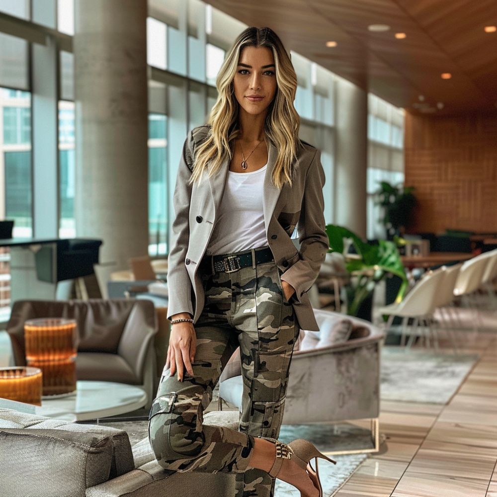 Stylish woman in modern office lounge wearing camo cargo pants with a grey blazer and white tee, paired with high heels, posing while leaning on a sofa, exemplifying the fusion of casual and professional attire.