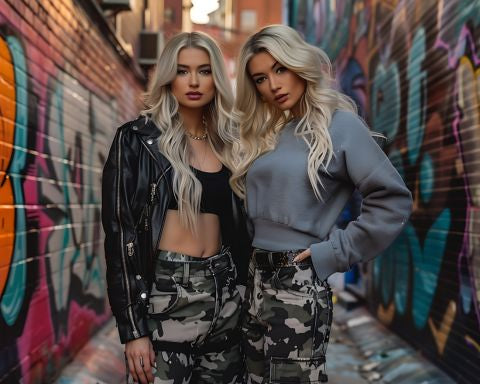 Twin blonde women exuding confidence in trendy camo cargo pants and stylish tops, posing in an alley with colorful graffiti art.