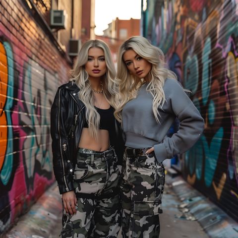 Twin blonde women exuding confidence in trendy camo cargo pants and stylish tops, posing in an alley with colorful graffiti art.
