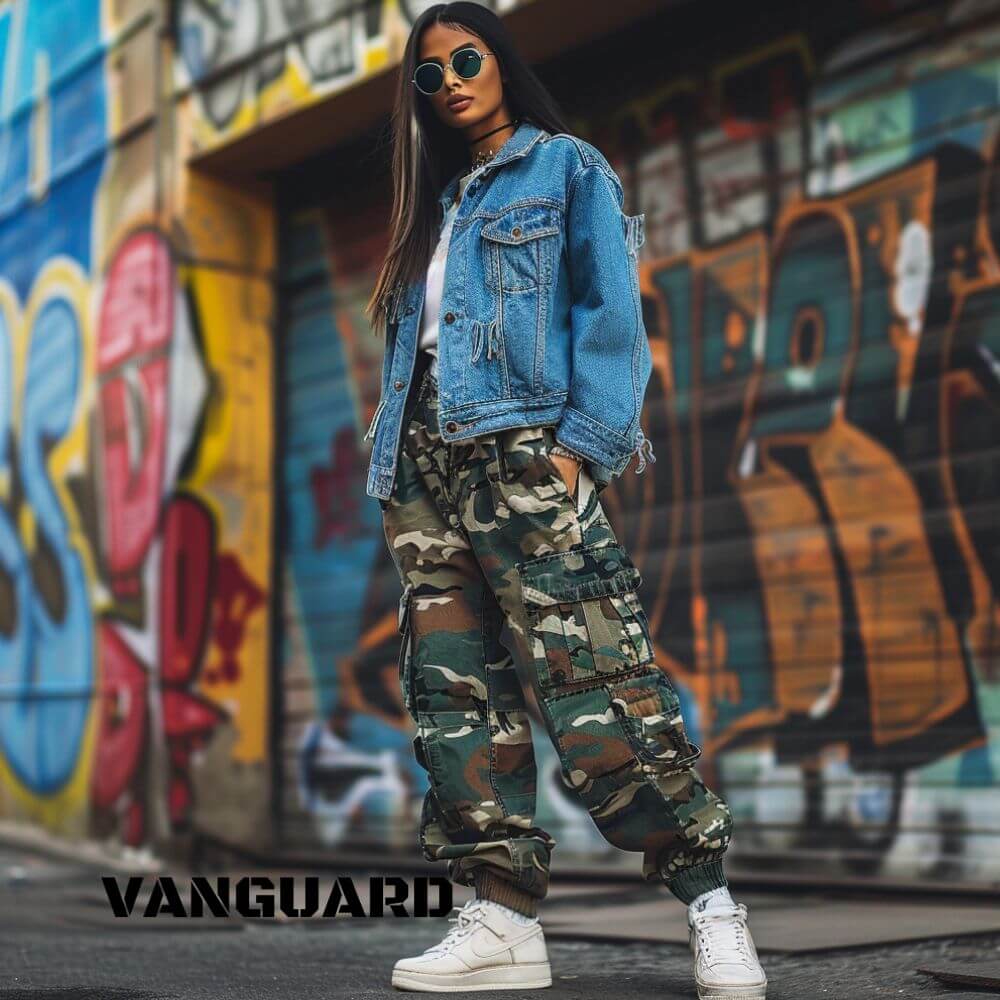 Woman in a denim jacket and camo cargo pants standing in front of a graffiti wall