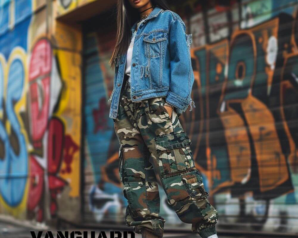 Woman in a denim jacket and camo cargo pants standing in front of a graffiti wall