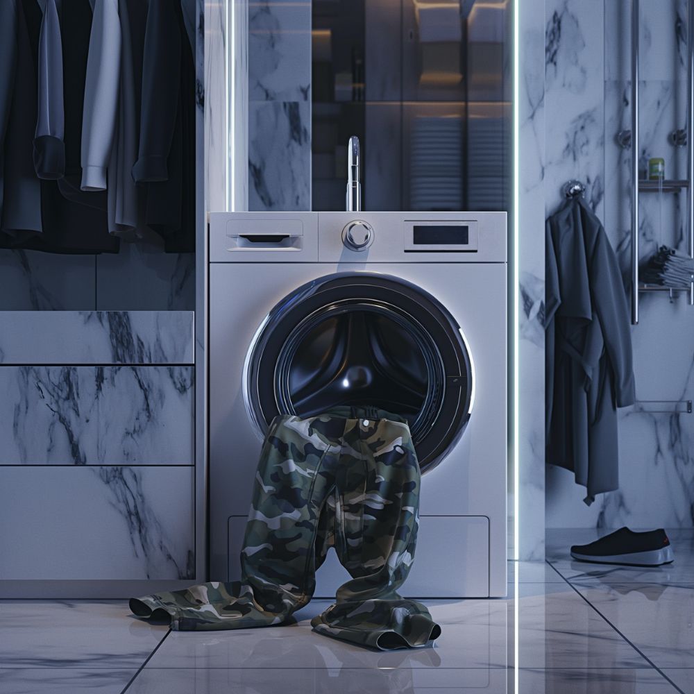 Modern laundry room with a high-end washing machine ready to wash Vanguard camo cargo pants, reflecting the sophisticated care guide recommendations.