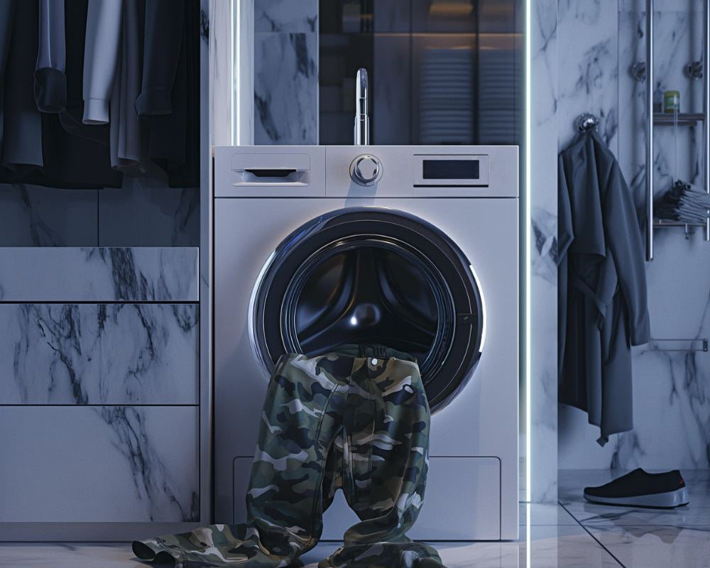 Modern laundry room with a high-end washing machine ready to wash Vanguard camo cargo pants, reflecting the sophisticated care guide recommendations.