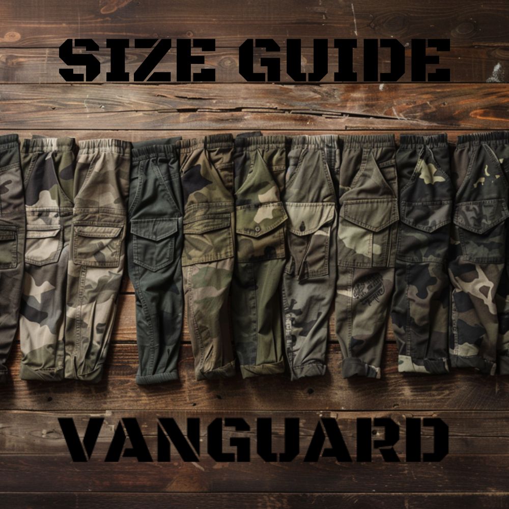 Size guide for Vanguard brand camouflage cargo pants laid out on wooden surface.