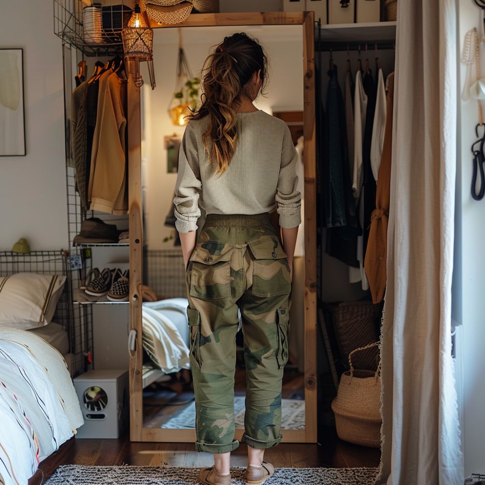 Woman in a cozy bedroom standing in front of an open wardrobe, dressed in a cream sweater and green camo cargo pants, contemplating fashion choices at home.