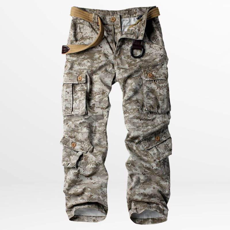 Front view of military desert camo pants with a khaki belt and sunglasses tucked into the loop, featuring multiple pockets and a rugged design.