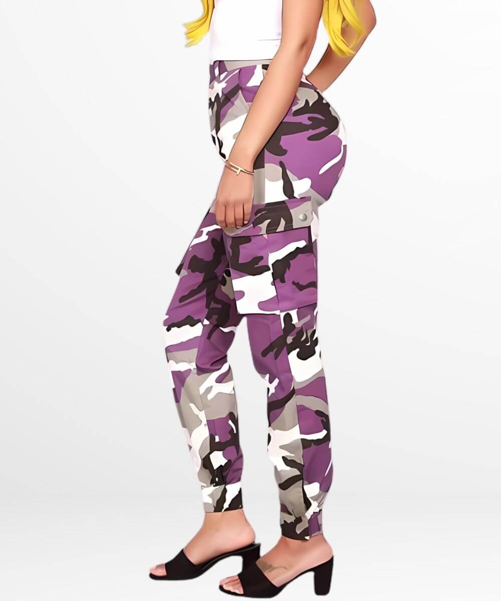 Slim-fit purple camo cargo pants for women, ideal for outdoor activities and fashion-forward casual wear.