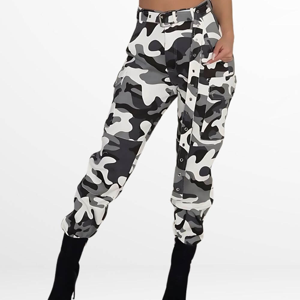 Front view of women's black and white camo cargo pants with a trendy and comfortable fit.