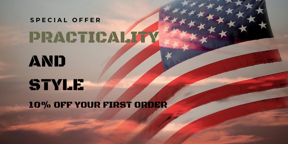 Promotional image with American flag background, offering 10% off the first order, emphasizing "Practicality and Style.