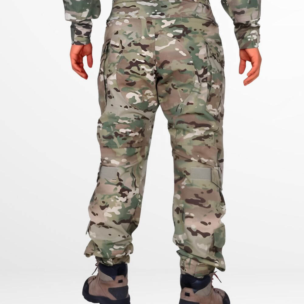 Back view of army camo cargo pants showing concealed rear zip pockets and waist adjustable tape, designed for durability and functional use in tactical environments.