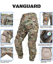 Detailed feature diagram of army camo cargo pants, highlighting mobility stretch panels, removable knee pads, and magazine stabilizer pockets for enhanced tactical utility.