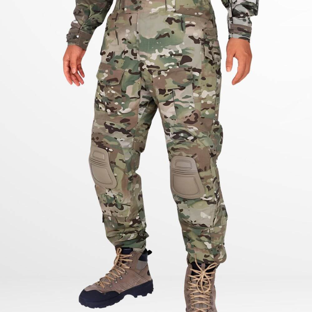 Front view of army camo cargo pants with integrated combat knee pads and tactical boots, ideal for military and outdoor activities.