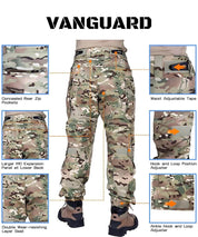 Full feature layout of army camo cargo pants, showcasing hook and loop position adjusters, MC hi-mobility gusseted crotch, and double wear-resisting layer seat for maximum operational efficiency.