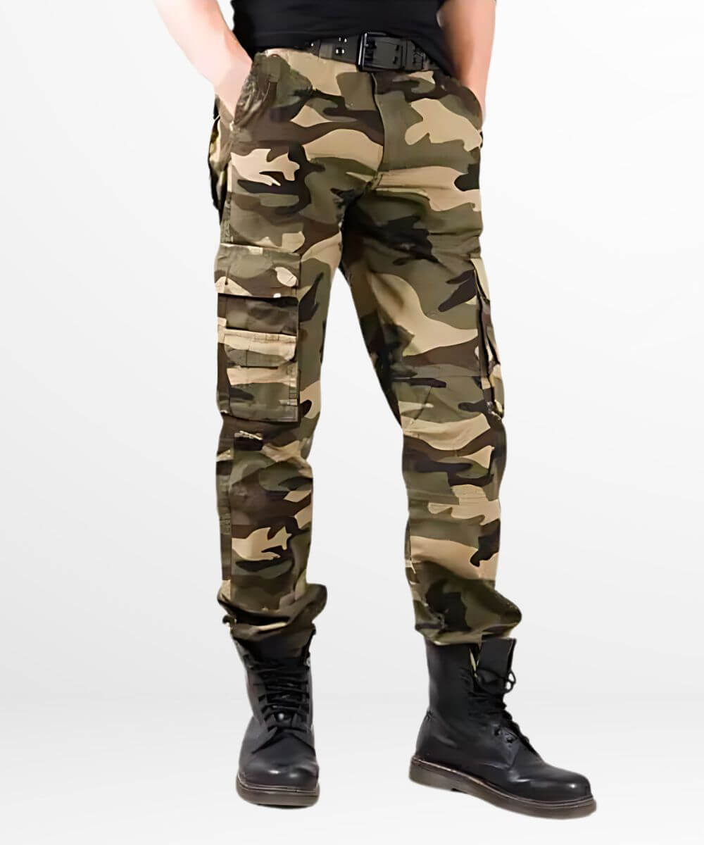 Casual look featuring army camouflage cargo pants with a black top, emphasizing the relaxed fit and style.