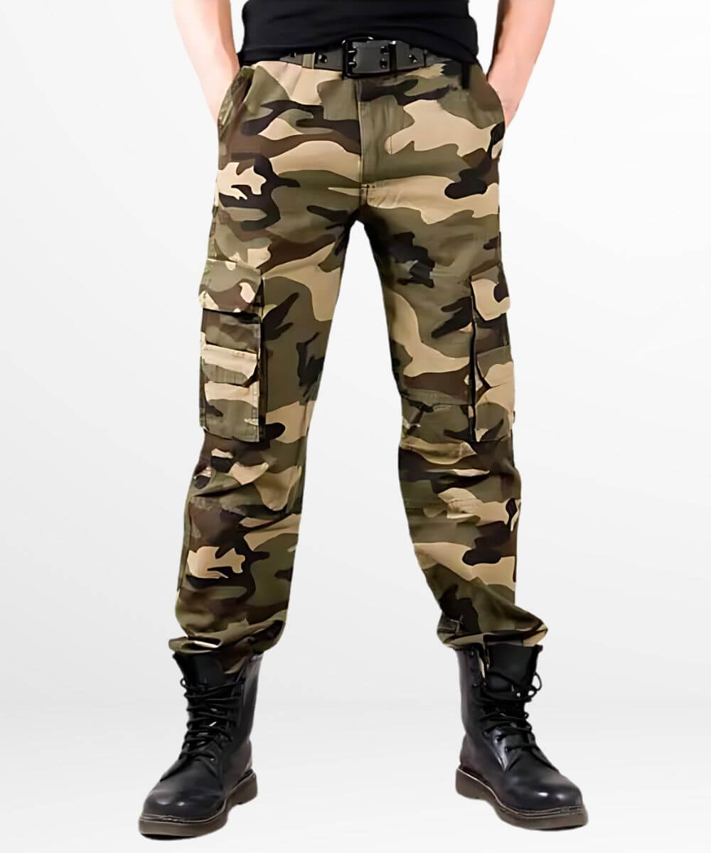Full-length view of a person wearing army camouflage cargo pants and black combat boots, standing against a white background.