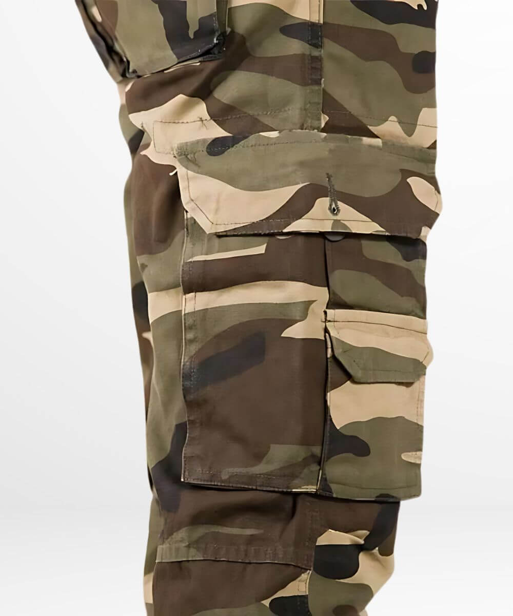 Close-up of the side pocket on army camouflage cargo pants, showing the button closure and fabric texture.