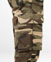 Close-up of the side pocket on army camouflage cargo pants, showing the button closure and fabric texture.
