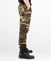 Side pose of army camouflage cargo pants, focusing on the cargo pocket detail and fit of the pants.