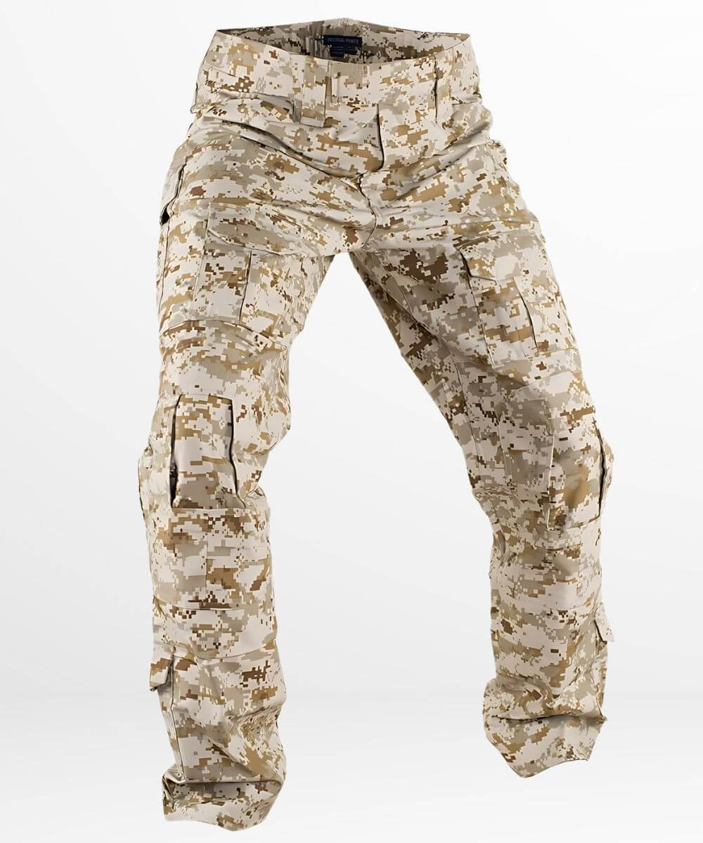 Army digital camo pants angled pose with focus on the reinforced knee area.