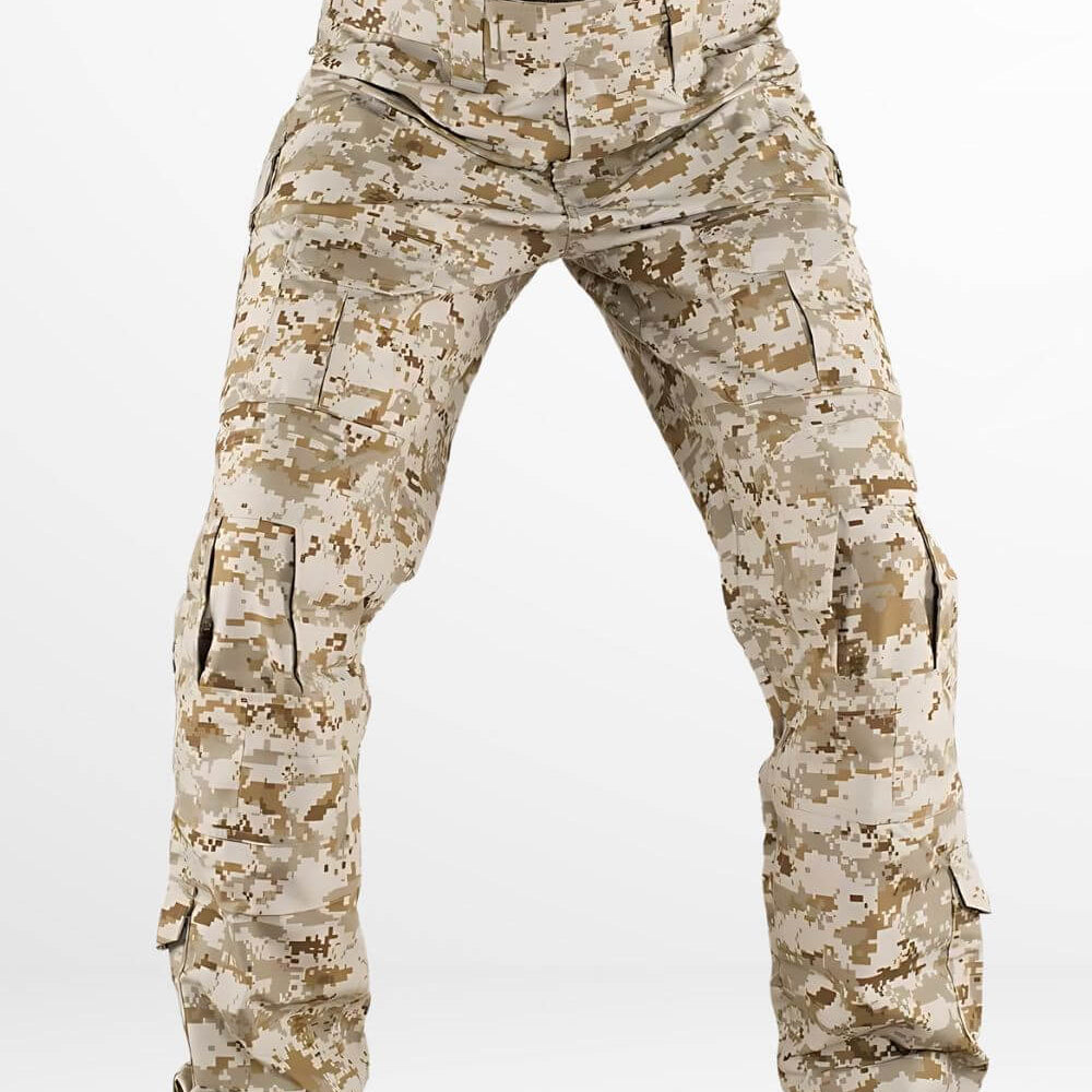 Front view of Army digital camo pants with detailed stitching and pockets.