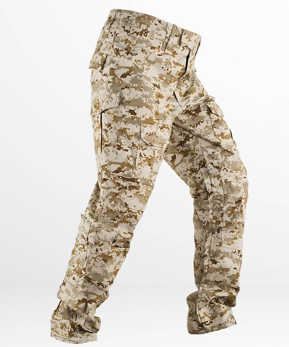 Side angle of Army digital camo pants displaying side pockets and pattern.