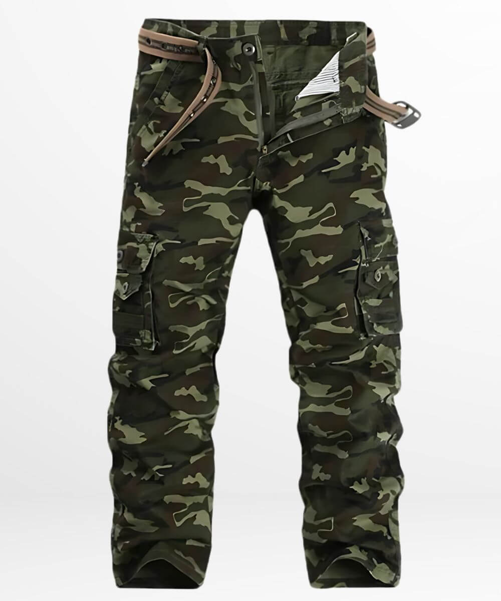 Front view of Army Green Camo Pants for men, showcasing a sleek design with a brown belt.