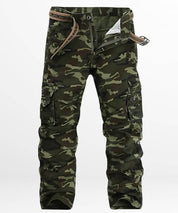 Front view of Army Green Camo Pants for men, showcasing a sleek design with a brown belt.