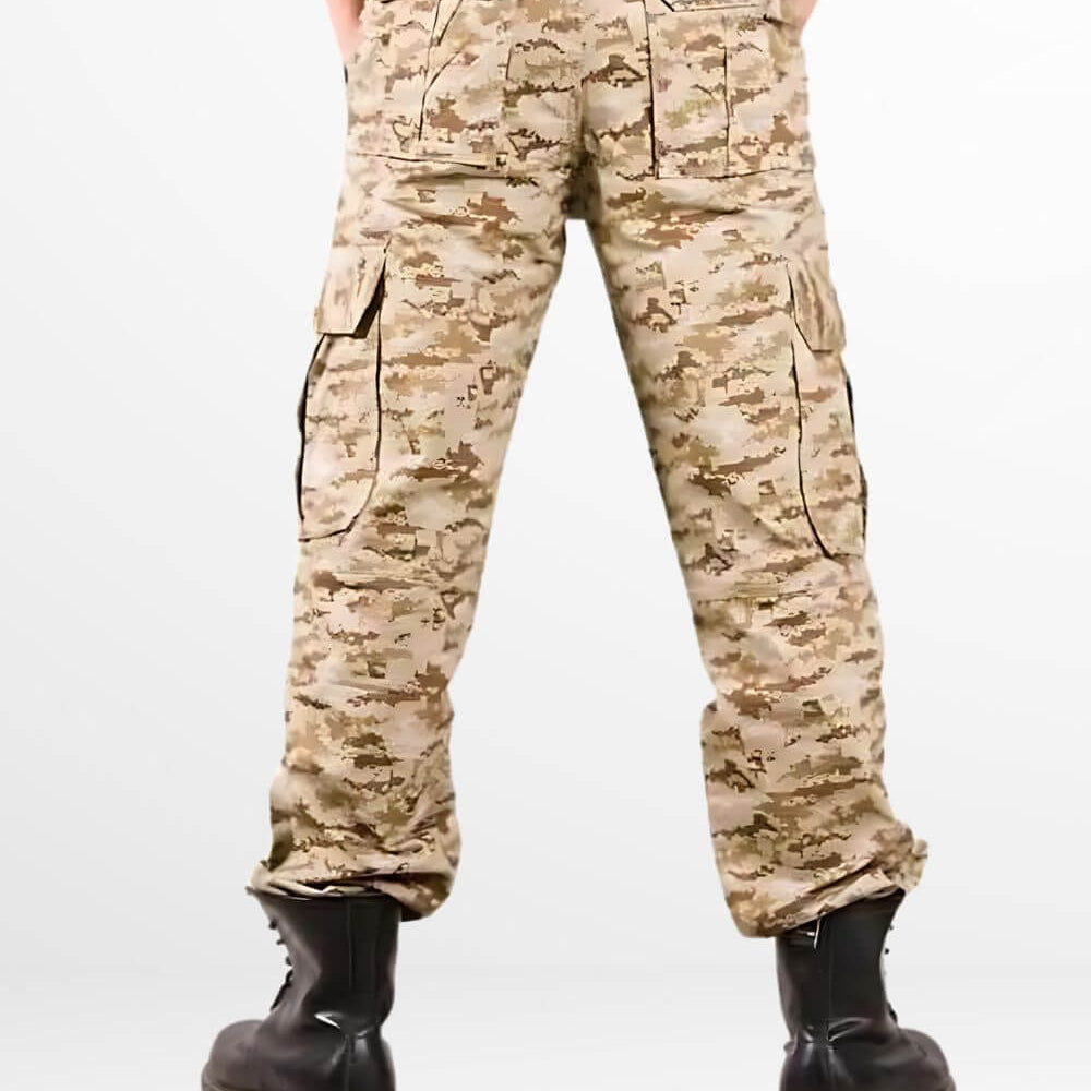 Back view of desert camo cargo pants showcasing the fit and detailed pocket design.