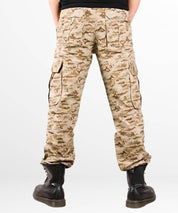 Back view of desert camo cargo pants showcasing the fit and detailed pocket design.