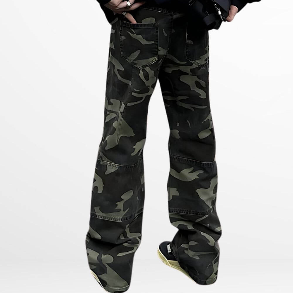 Back view of flared camouflage cargo pants with detailed pockets and relaxed fit design.