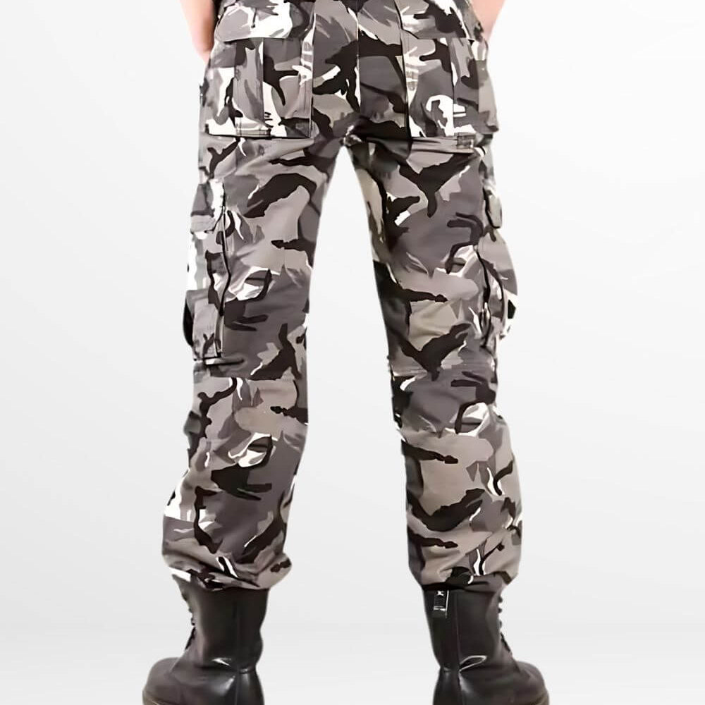 Back view showing the fit and pocket styling of men's white and black camo cargo pants.