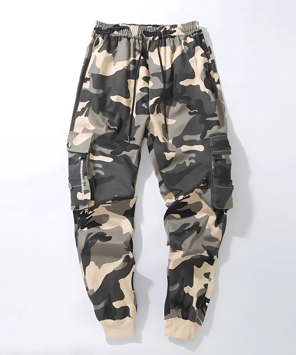 Side view of baggy camo pants for men, showcasing the ample pocket detail and the relaxed, comfortable style.