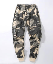 Side view of baggy camo pants for men, showcasing the ample pocket detail and the relaxed, comfortable style.