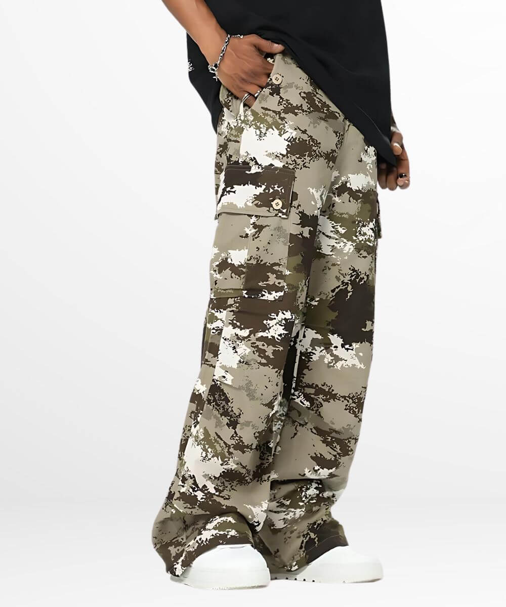 Full side view of baggy camouflage pants with multiple pockets and casual styling.