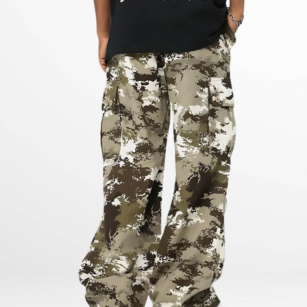 Rear view of baggy camouflage pants featuring back pockets and casual black top.