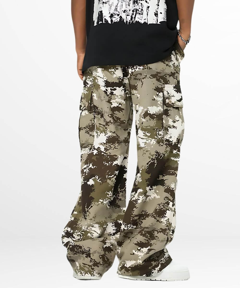 Rear view of baggy camouflage pants featuring back pockets and casual black top.