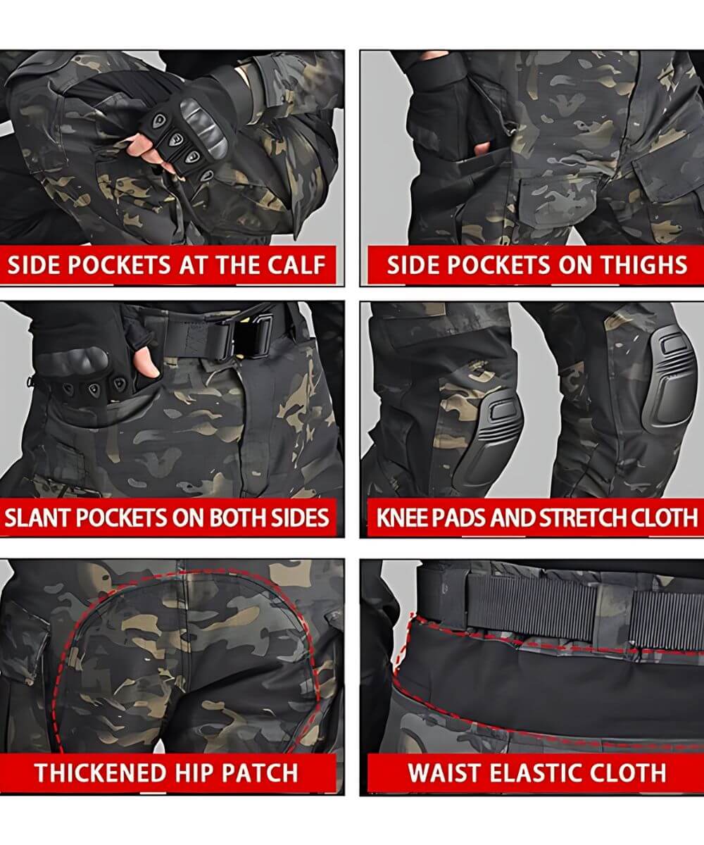 Angled pose of black camouflage hunting pants with knee pads, highlighting the side pockets and fit.