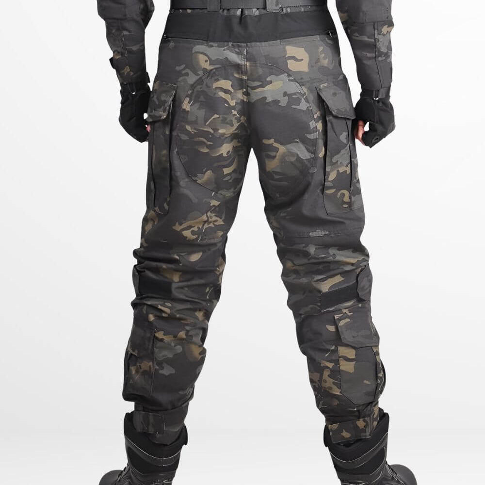 Back view of black camouflage hunting pants with knee pads and secure waistband.