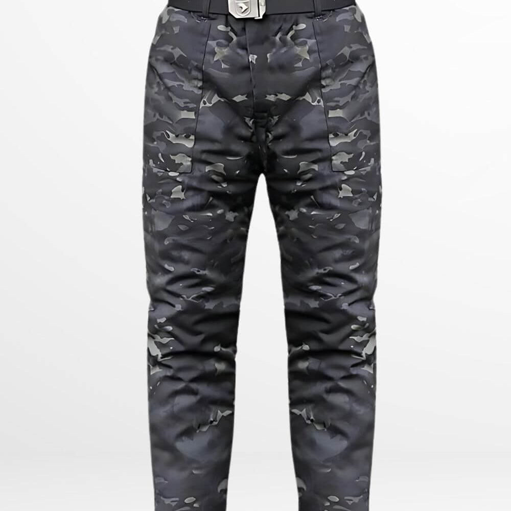 Men's black camo snow pants with stylish belted design, perfect for winter sports and outdoor activities.