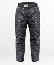 Men's black camo snow pants with stylish belted design, perfect for winter sports and outdoor activities.