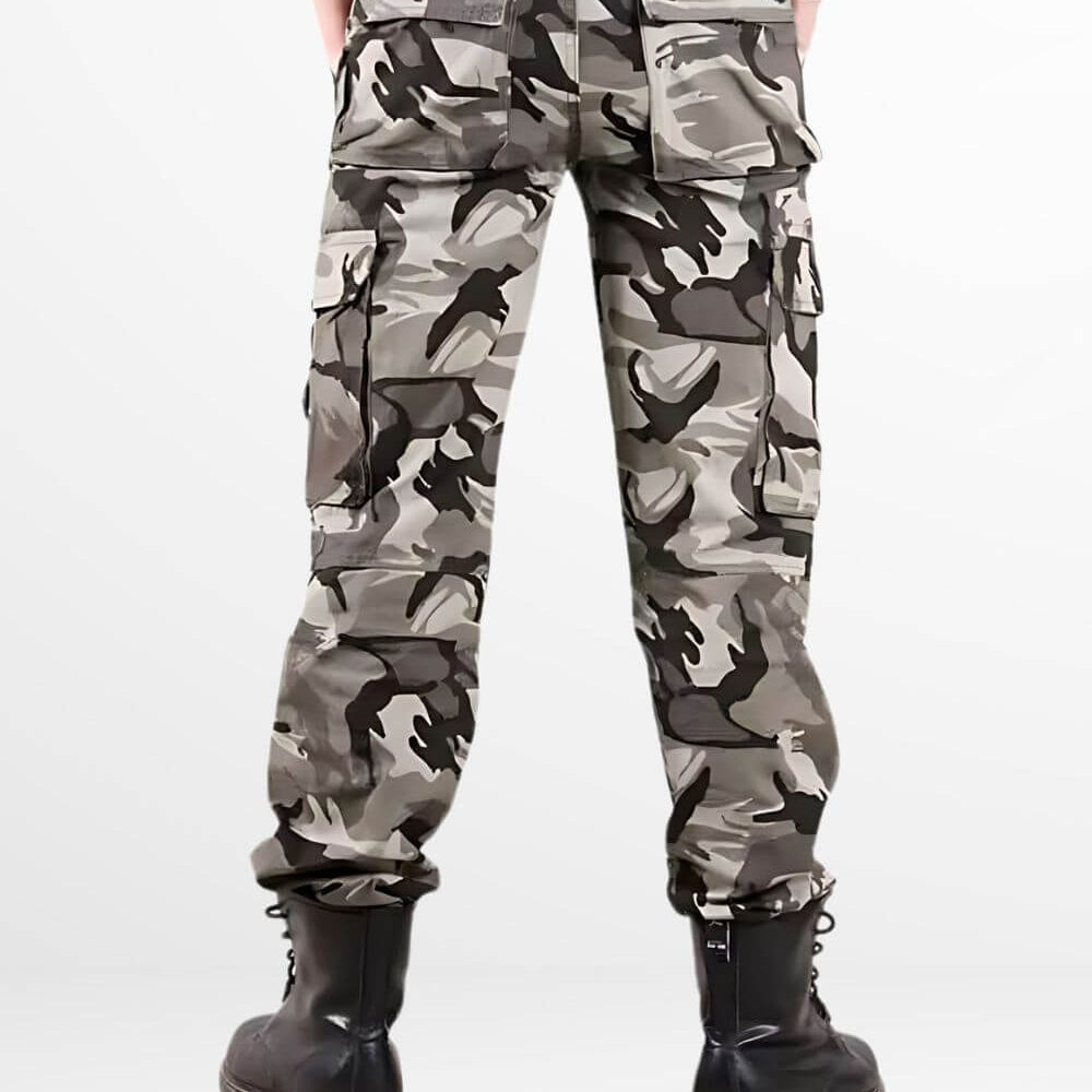 Back view of black, grey, and white camo cargo pants showing the fit and pocket details.