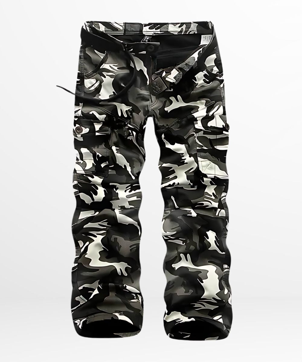 Sleek black and white camo cargo pants showcasing a tactical design with multiple utility pockets, suitable for versatile fashion statements.