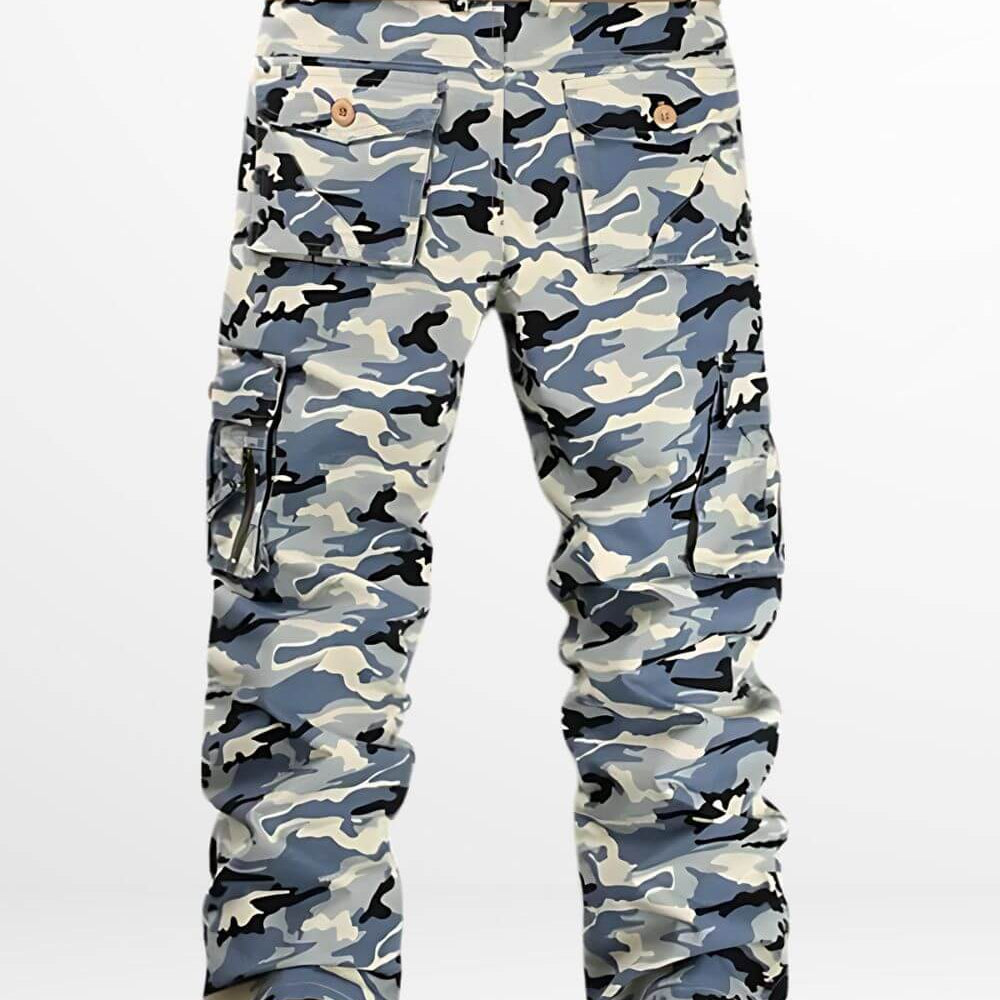 Back view of Blue Camouflage Pants Mens paired with a striped belt and casual styling.