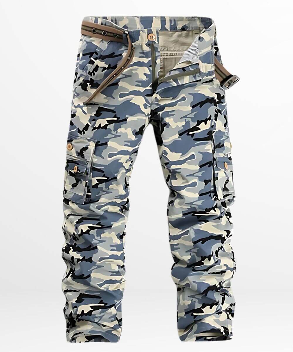 Front view of Blue Camouflage Pants Mens with casual styling and denim details.
