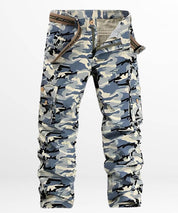 Front view of Blue Camouflage Pants Mens with casual styling and denim details.