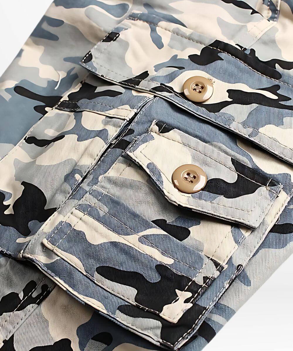 Detail of buttoned cargo pocket on Blue Camouflage Pants Mens, showing the textured fabric.