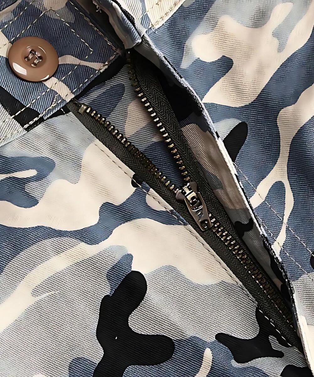 Close-up of zipper detail on Blue Camouflage Pants Mens, highlighting the quality of design.