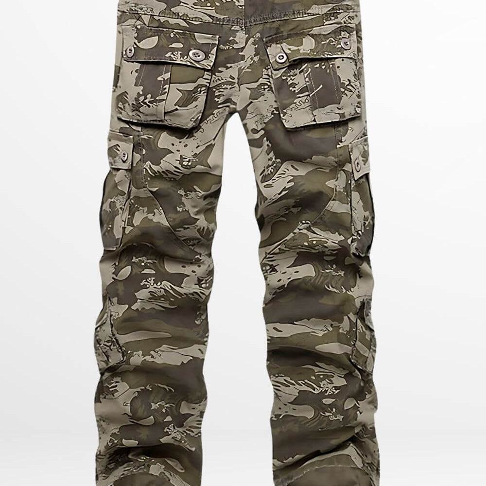 Back view of brown camo cargo pants showing the detailed pocket design and rugged look, ideal for outdoor activities and casual wear.