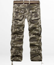 Back view of brown camo cargo pants showing the detailed pocket design and rugged look, ideal for outdoor activities and casual wear.
